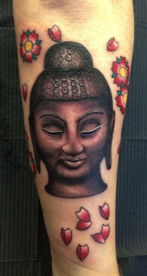 Buddha Head And Cherry Blosoom Tattoo On Arm Sleeve